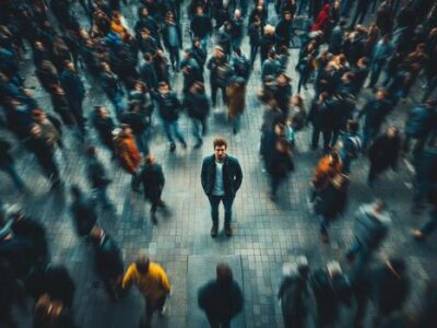 man-standing-alone-in-a-bustling-crowd-during-a-noir-urban-evening-photo man-standing-alone-in-a-bustling-crowd-during-a-noir-urban-evening-photo